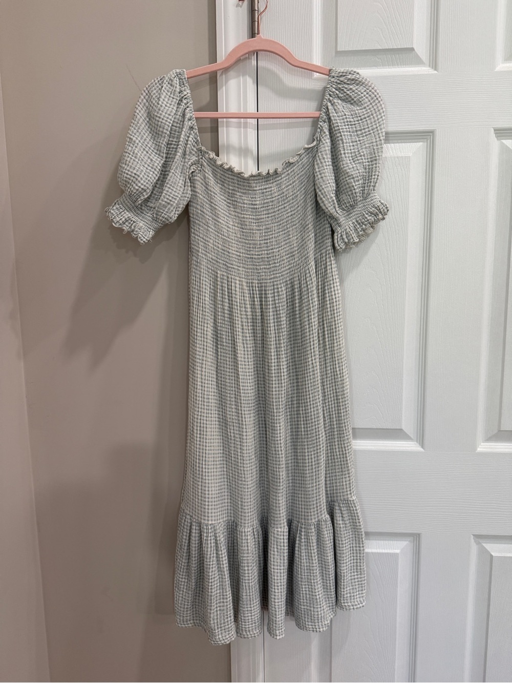 Nothing Fits But Smocked Midi Dress with Puff Sleeves in Light Blue Gingham